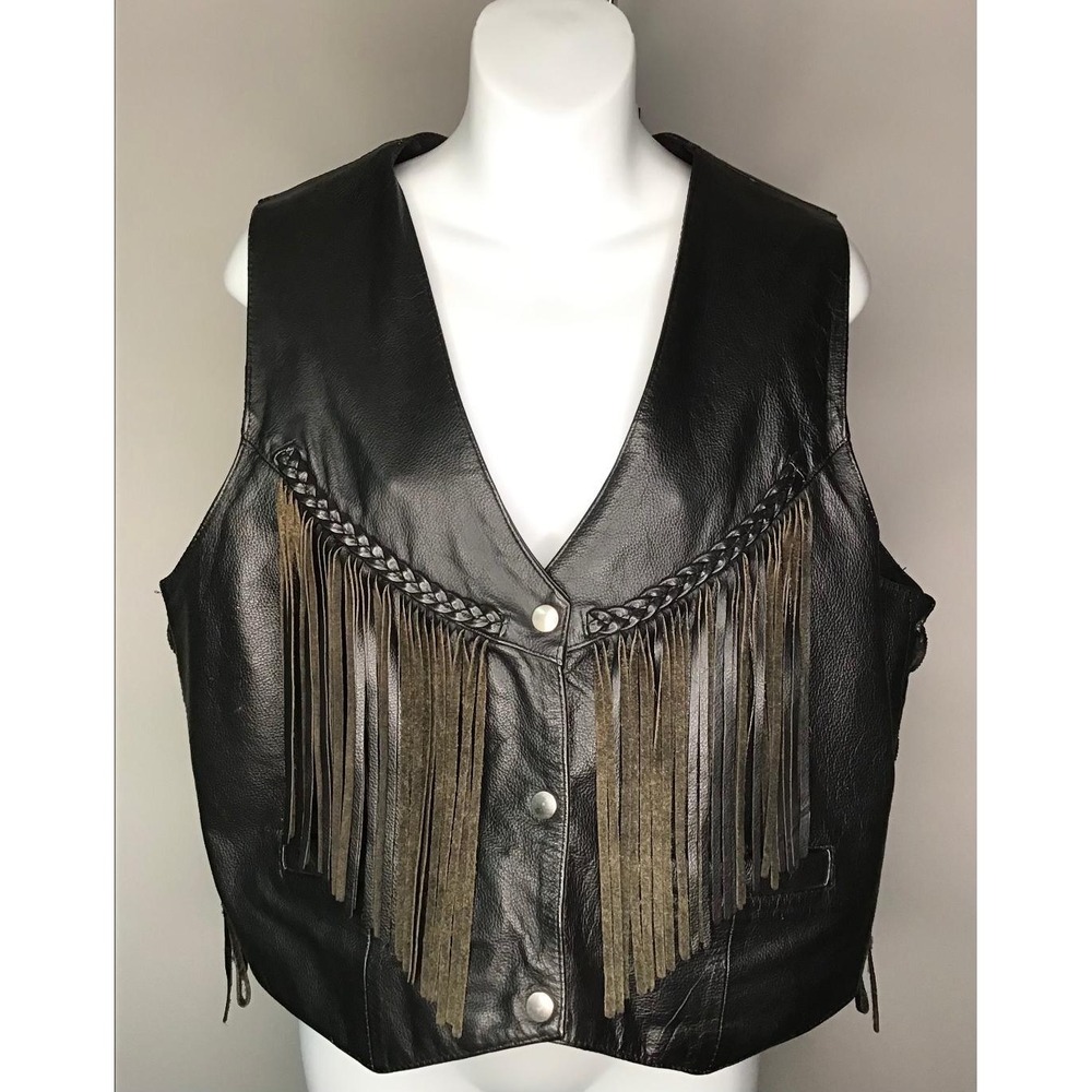 MOB Genuine Leather Fringe Biker Vest Womens Large Black Western Concho Laced